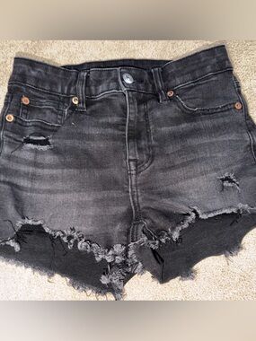 American Eagle Black Denim Distressed Snorts Frayed Hem Stretchy Size 00